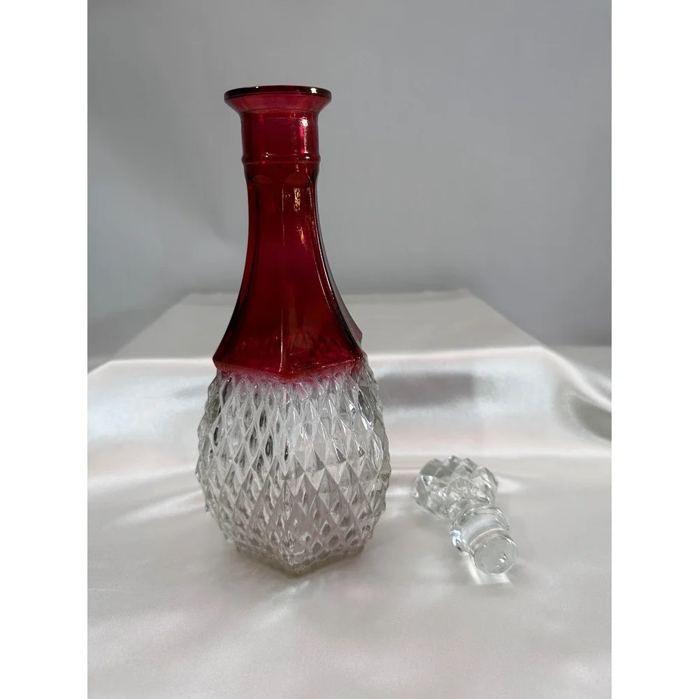 Vintage Kings Crown Ruby Flash Glass Decanter‎ with Stopper 12 Inch Hexagonal